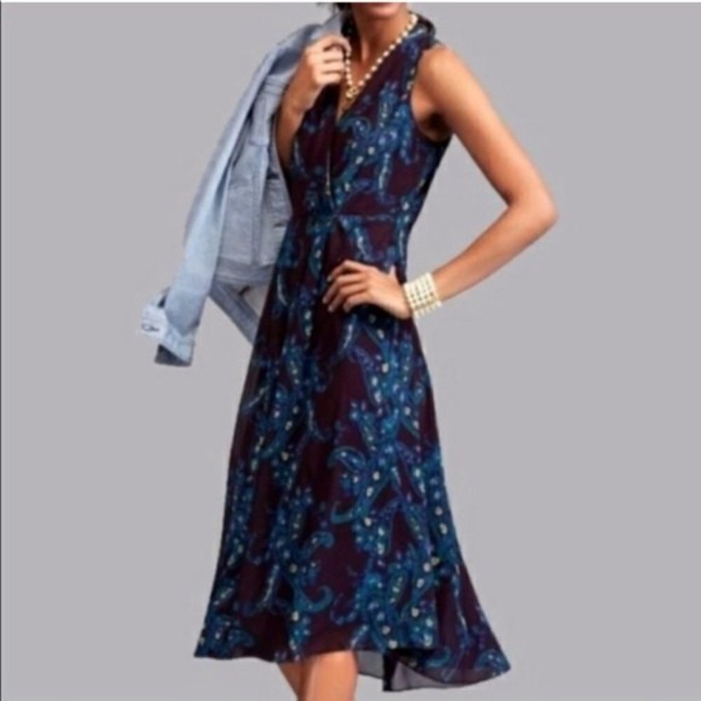 CABI Purple Blue Paisley Floral Sleeveless V-Neck Midi Dress Size 8